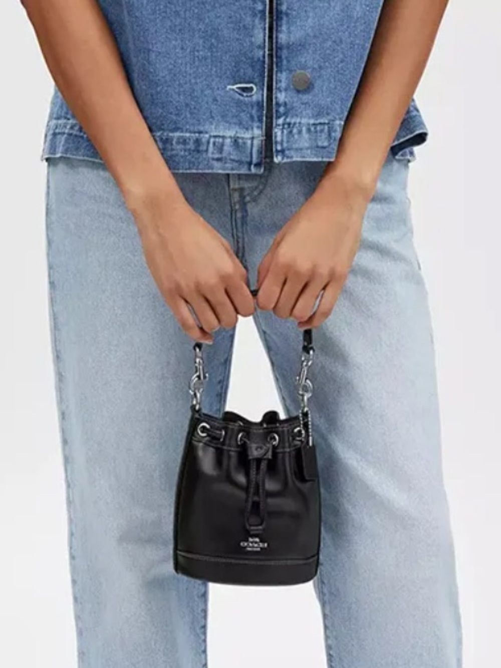 Coach Mini top handle Bucket Bag Black Calf Leather Drawstring w crossbody NWOT - Picture 9 of 15